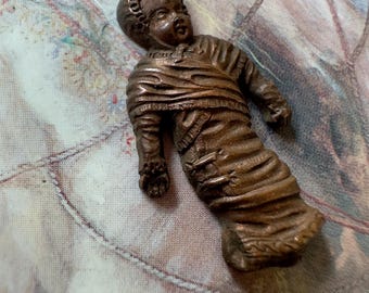 Vintage Rare Old Solid Brass Victorian Swaddled Baby Doll Child Charm Pendant Finding Stamping 1” - REF 4725