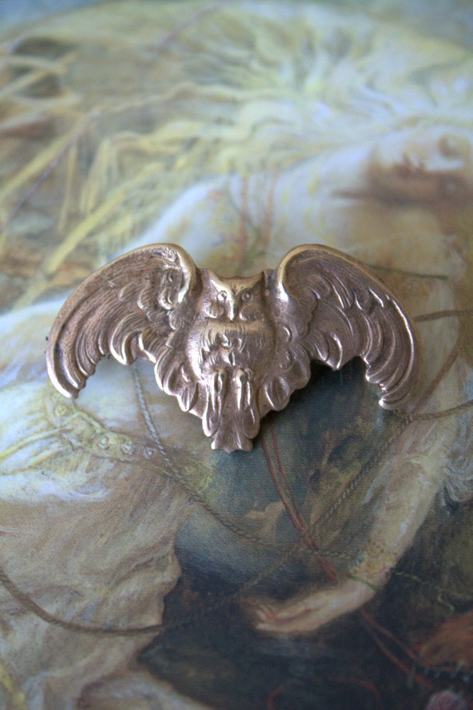 Vintage Old Solid Brass Art Deco Owl Pendant Findings Stamping - REF 4058