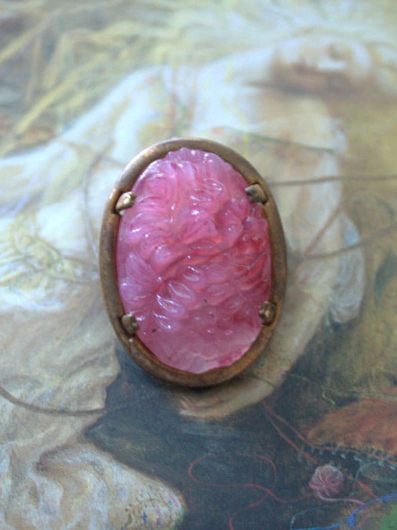 REF 228 Vintage Old Brass Carved Floral Glass UPCYCLED Pin Brooch