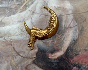 Vintage massief messing maangodin vrouw dame in de maan art nouveau bedel hanger bevindingen stempels 1 1/4" - REF 4121