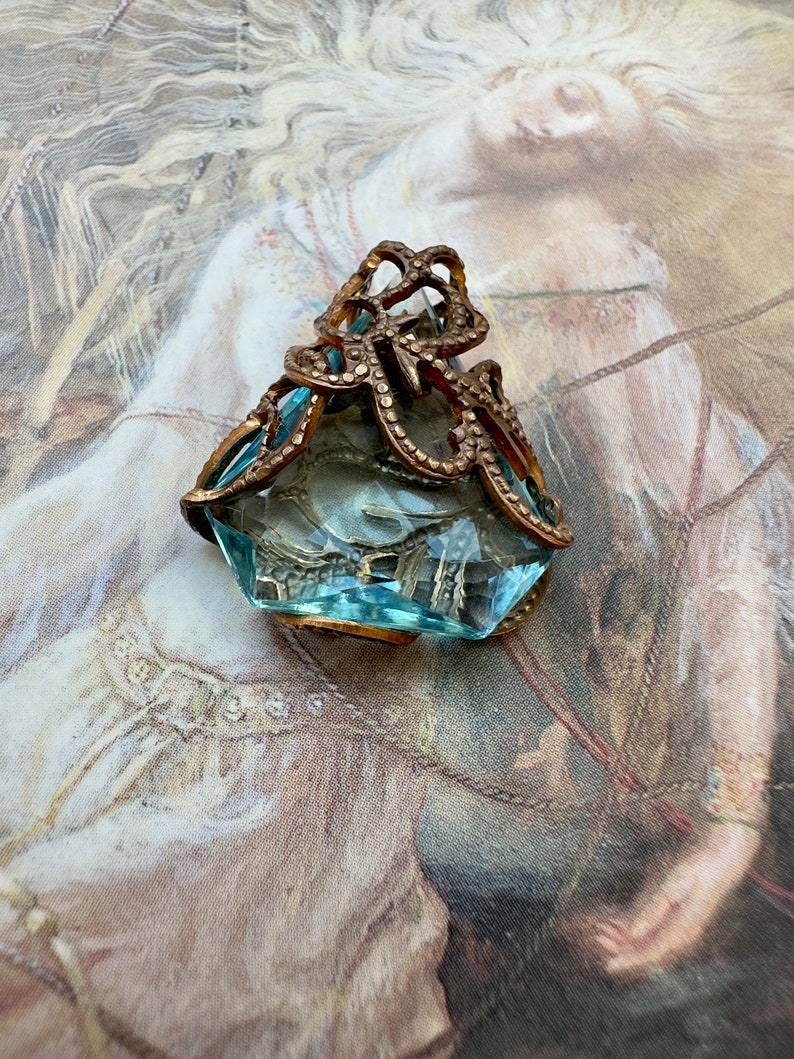 Vintage RARE Gorgeous Aqua Czech Glass UPCYCLED Solid Brass Filigree Pendant REF 3686 image 3