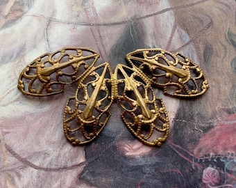 Vintage Solid BRASS Art Deco Filigree Ornate Floral Openwork Pendant Old Tooled Finding Stamping 1 3/4" - REF 5309