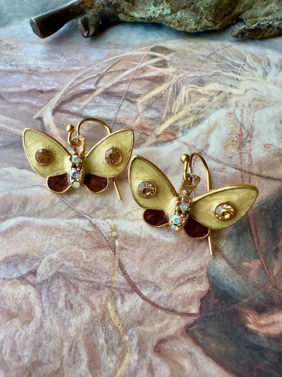 Boucles D'Oreilles Papillon Émaillé Avec Fleur Cloisonné - Style Rétro, Argenté
