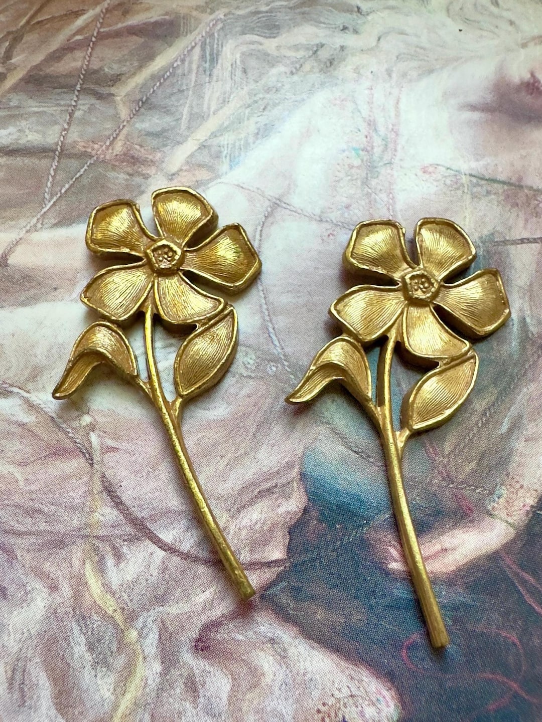 2 Vintage Gold Gilt Flowers, Miriam Haskell Solid Brass Ornate