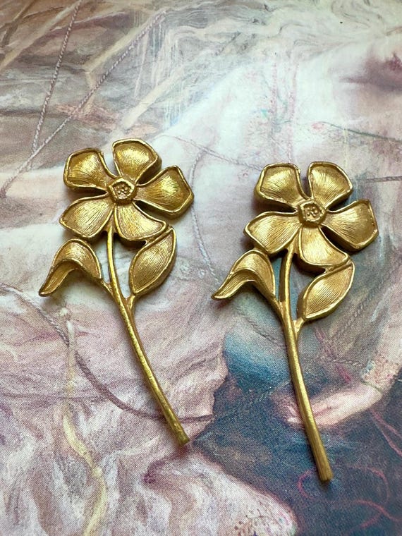Miriam Haskell 希少ヴィンテージ ブローチ バード&フラワー 2 Vintage Gold Gilt Flowers, Miriam Haskell Solid Brass Ornate