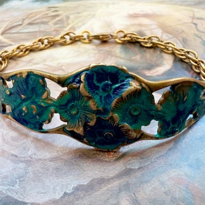 Vintage Very Old Solid Brass Floral Stamping UPCYCLED Enamel Bracelet France - REF 4001