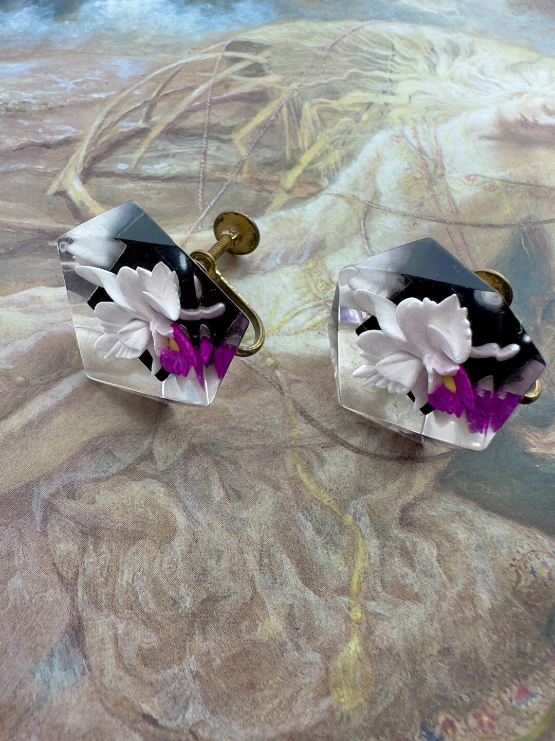 Vintage Lucite Earrings Orchid Floral NOS Warehouse Design Old Stock