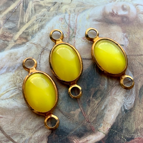 3 Vintage RARE Czechoslovakia Citrine Yellow Art Glass Channel Set Stones 28mm 2 hole Connectors - REF 421