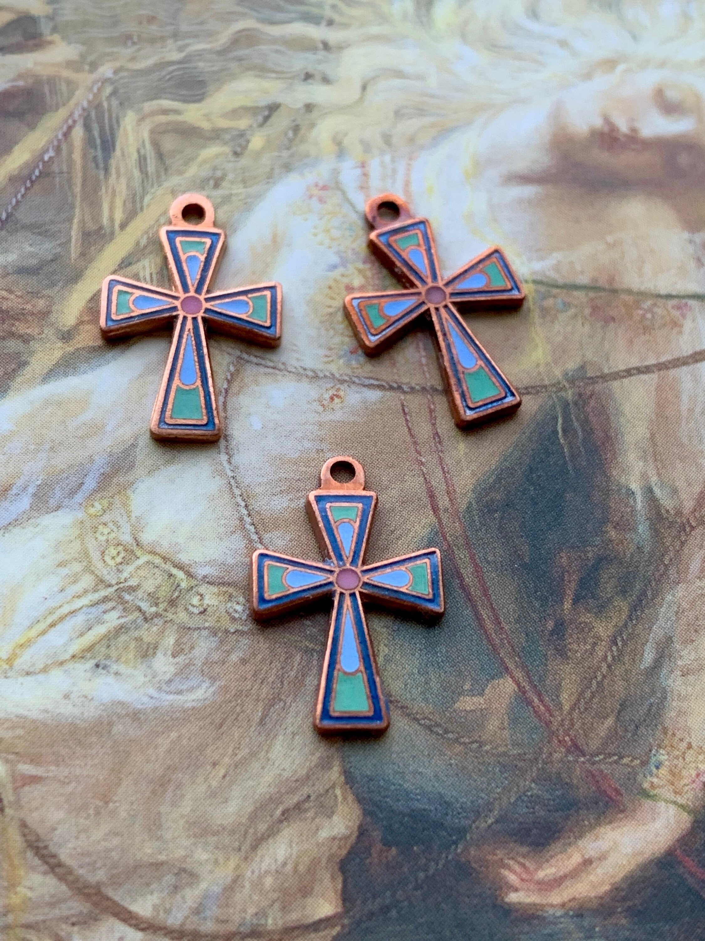 Pendentif Croix Vintage En Argent Massif 925 - Cabochons Bleu Et Rouge - Occasion Bon État