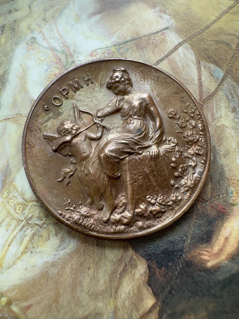 Antique French Brass Medallion, Cupid and Classical Woman Allegory ...