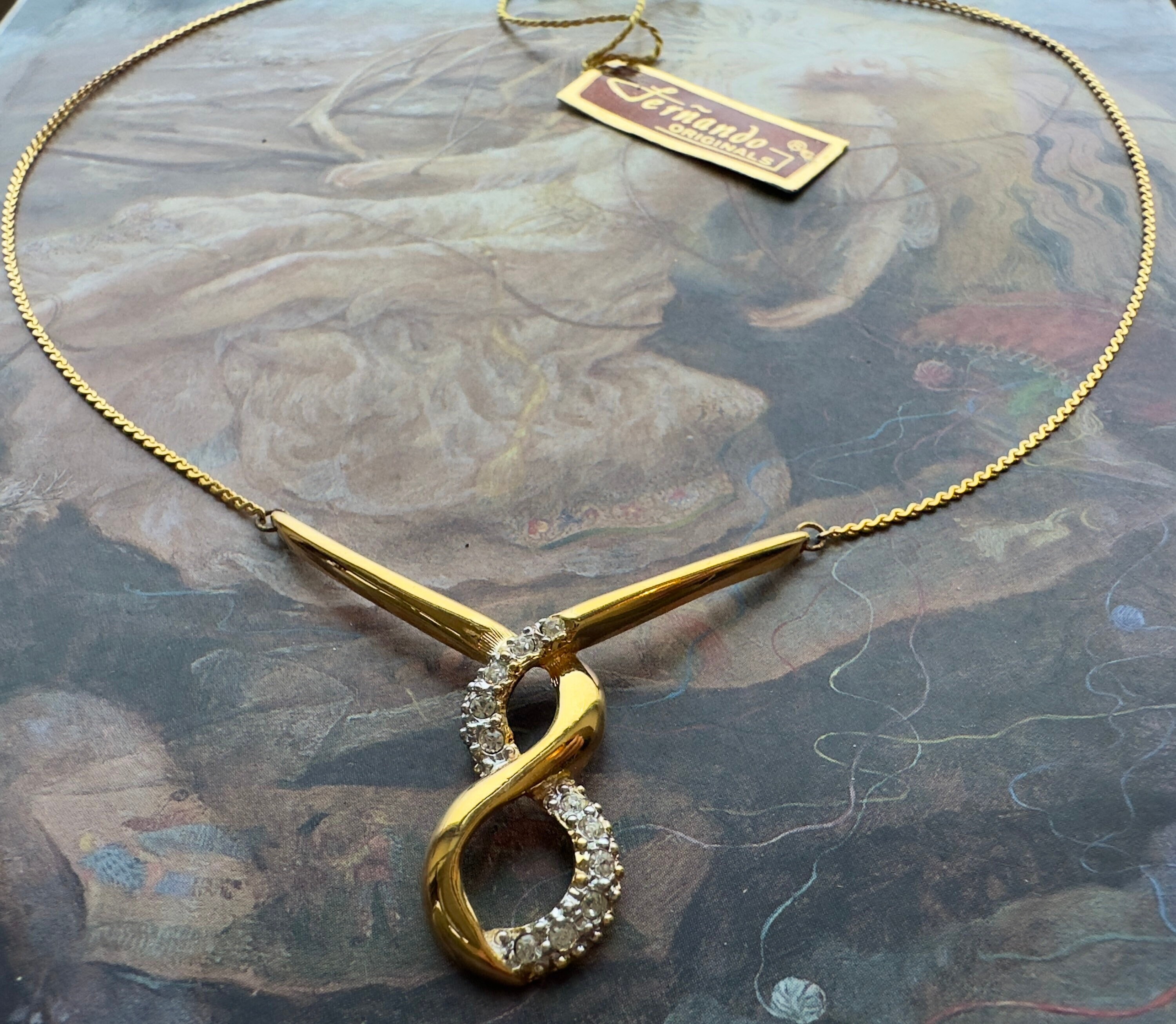 Vintage Fernando Originals Necklace Gold Mid Century Infinity Rhinestone NOS Hand Tag Signed Designer Gorgeous - REF 2877