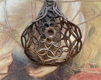 Vintage RARE Old Brass Dimensional  Openwork Pendant Findings Stamping Ornate Repousse 1” - REF 6333
