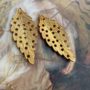 2 Vintage Gold Gilt Miriam Haskell Solid Brass Ornate Leaf With Holes Pendant Charm Findings Stampings - REF 4341