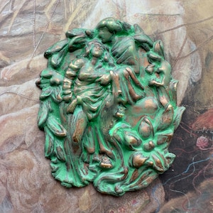 Vintage Solid Brass Renaissance Lovers Sweethearts Hand Enameled Repousse Pendant Necklace Cold Enamel Stamping - REF 3212