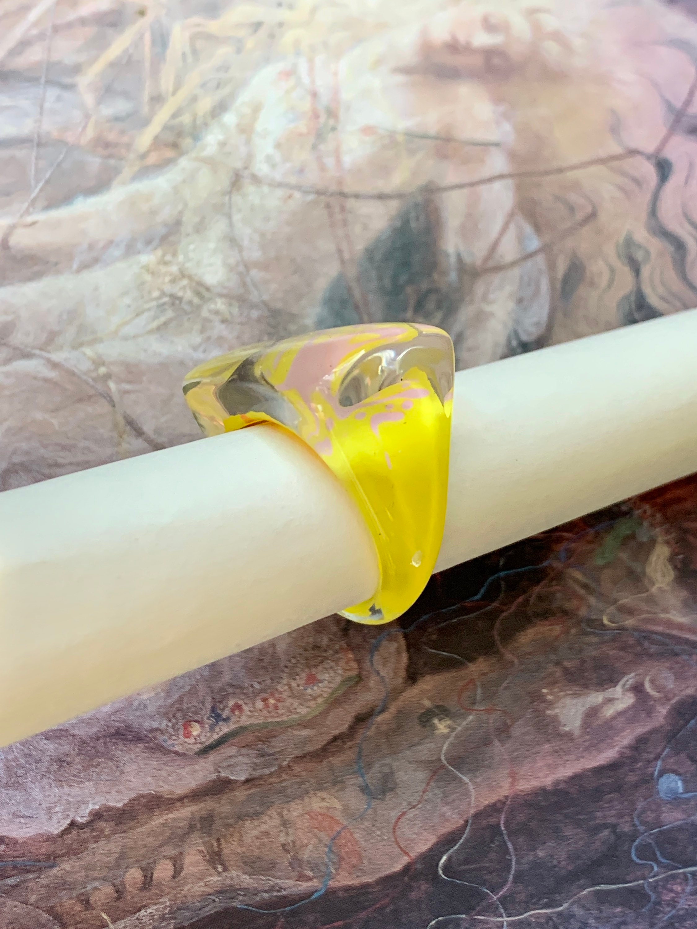 Vintage 90s Original Yellow Light Pink Geometric LUCITE Ring, Statement ...