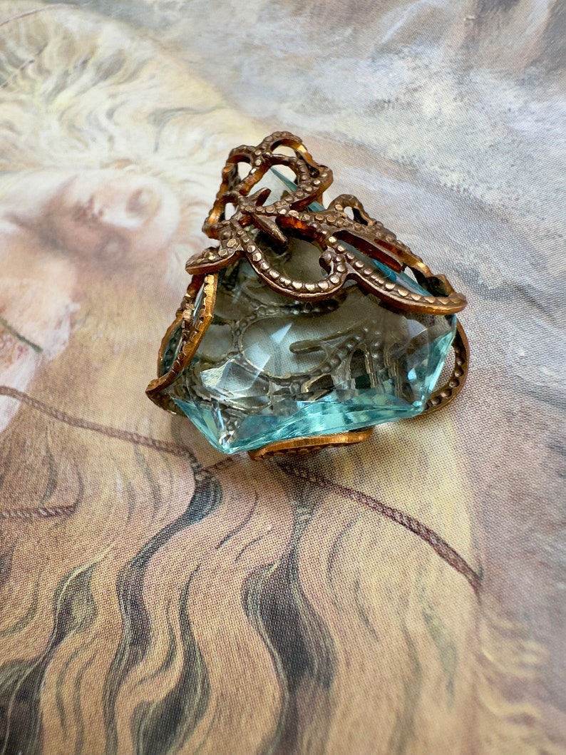 Vintage RARE Gorgeous Aqua Czech Glass UPCYCLED Solid Brass Filigree Pendant REF 3686 image 1