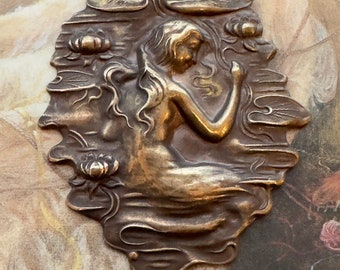 Vintage Solid Brass Lily Pad Lotus Goddess Woman Art Nouveau Detailed Piece Pendant Findings Stampings - REF 2308
