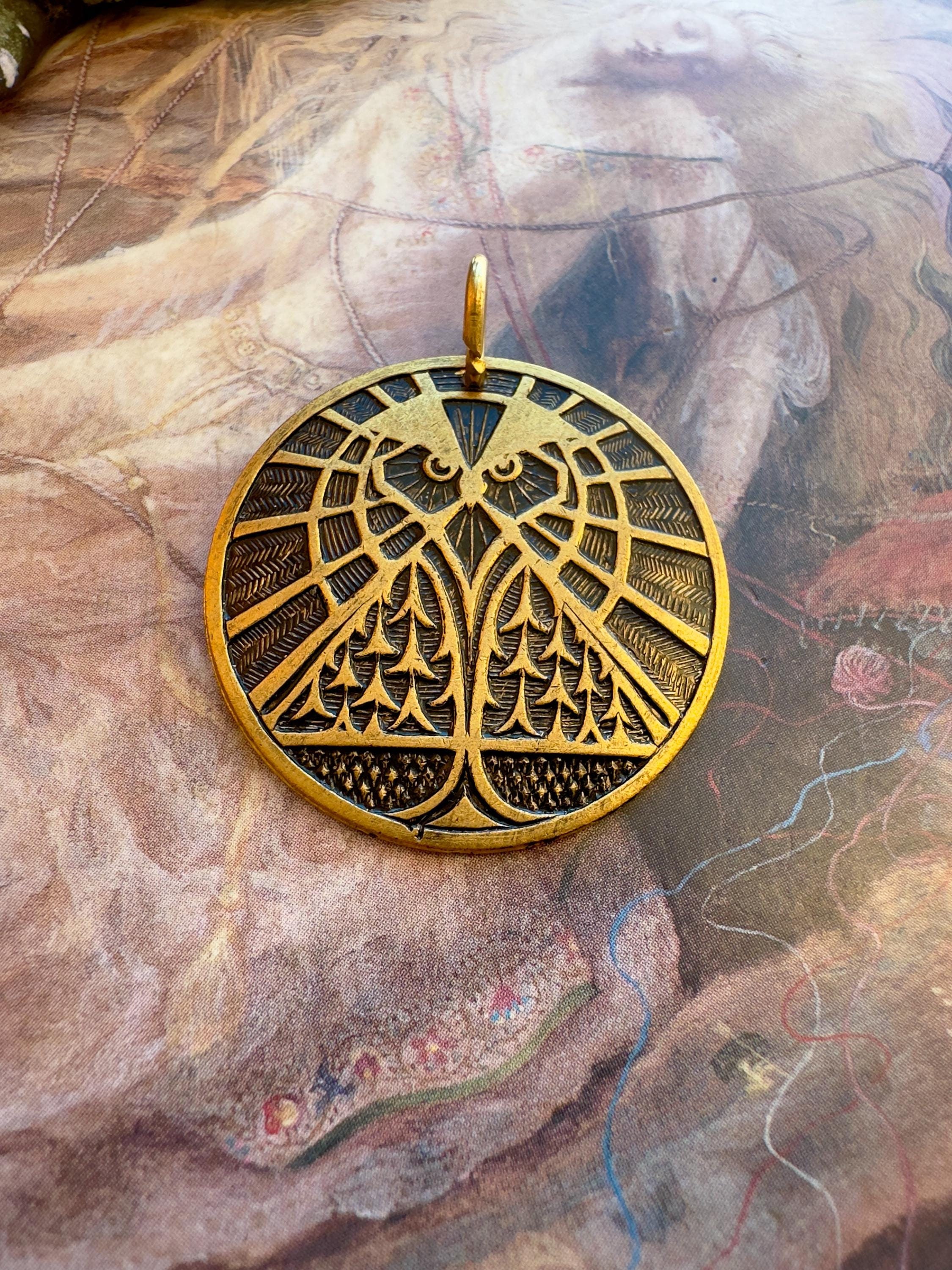 Vintage Tooled Art Deco Owl Ornate Intricate Pendant Finding Stamping Decor, 1 1/4" - REF 4995