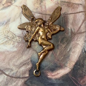 Vintage OLD Stock Solid Brass FAIRY Sprite Pendant Connector Stamping For Earrings Pins Bracelets Decor 1" - REF 4311