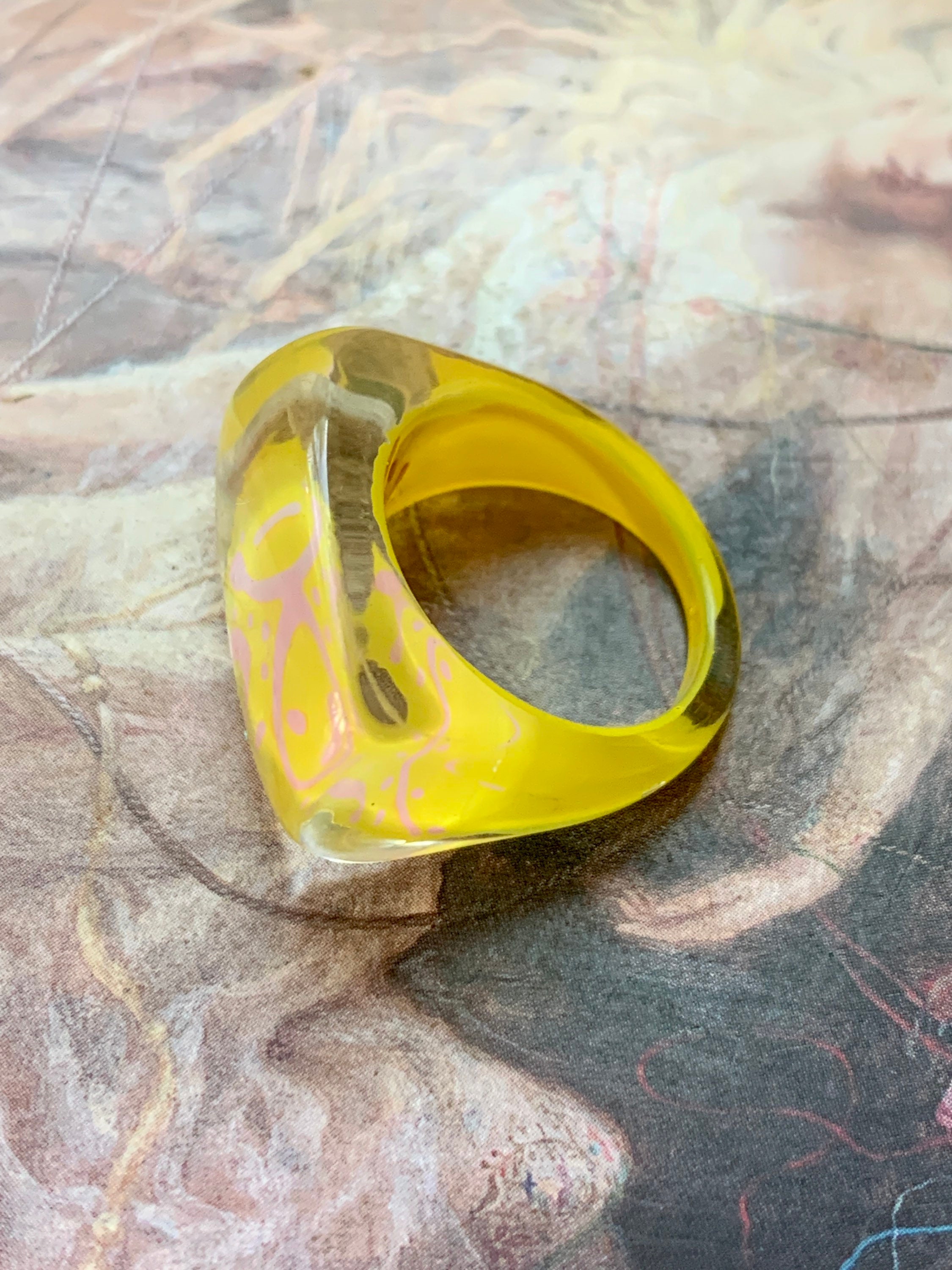 Vintage 90s Original Yellow Light Pink Geometric LUCITE Ring, Statement ...