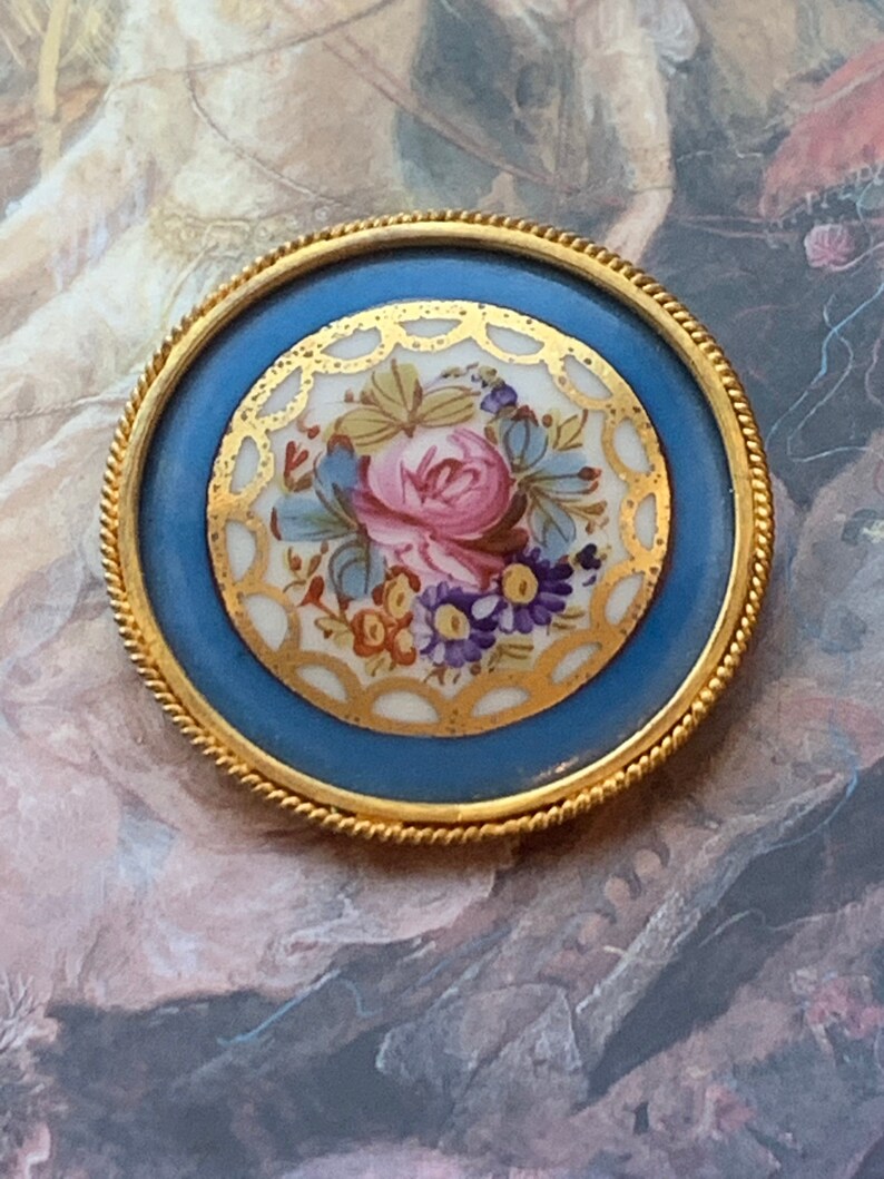 France Hand Signed Rose Bouquet Gold Gilt Lace Porcelain BROOCH Pin Vintage 19C Hand Painted Limoges REF 376