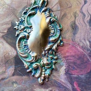 Vintage Silver Solid Brass Hand Enameled Floral Scrolled Victorian Pendant Decor Finding Stamping 2 1/4” - REF 4911