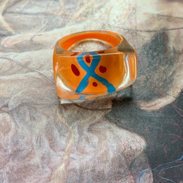 Vintage 90s Original Tangerine Aqua Red Geometric LUCITE Ring, Statement Ring New-Old-Stock, Never Worn Stunning Vogue Ring - REF 1308