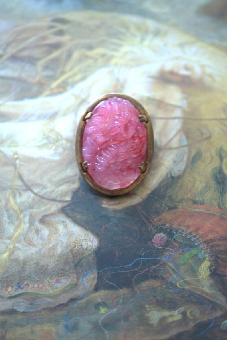 REF 228 Vintage Old Brass Carved Floral Glass UPCYCLED Pin Brooch