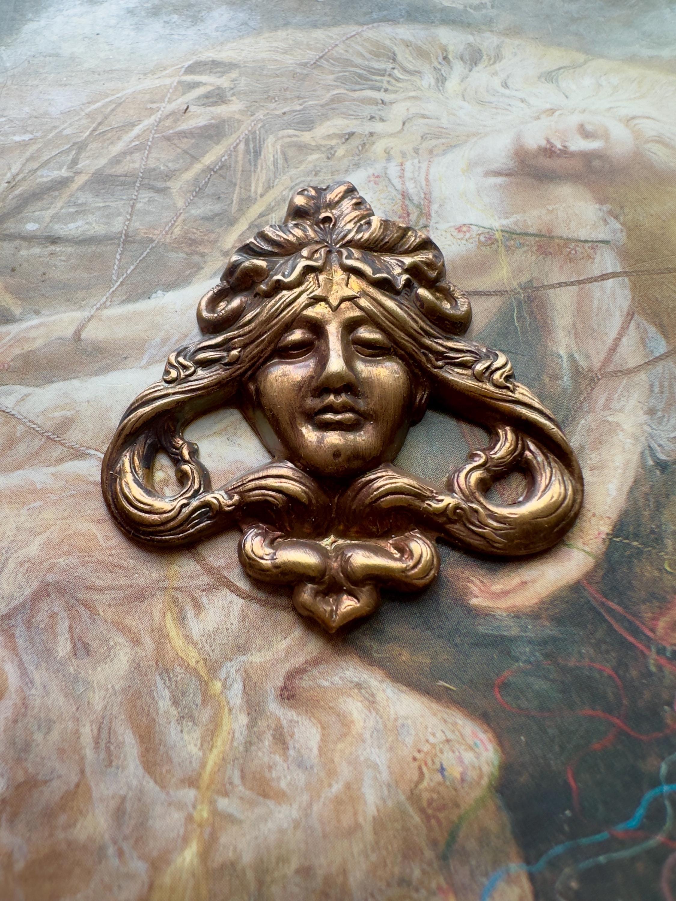Vintage Solid Brass Deco Goddess Woman Art Nouveau Bold Raised