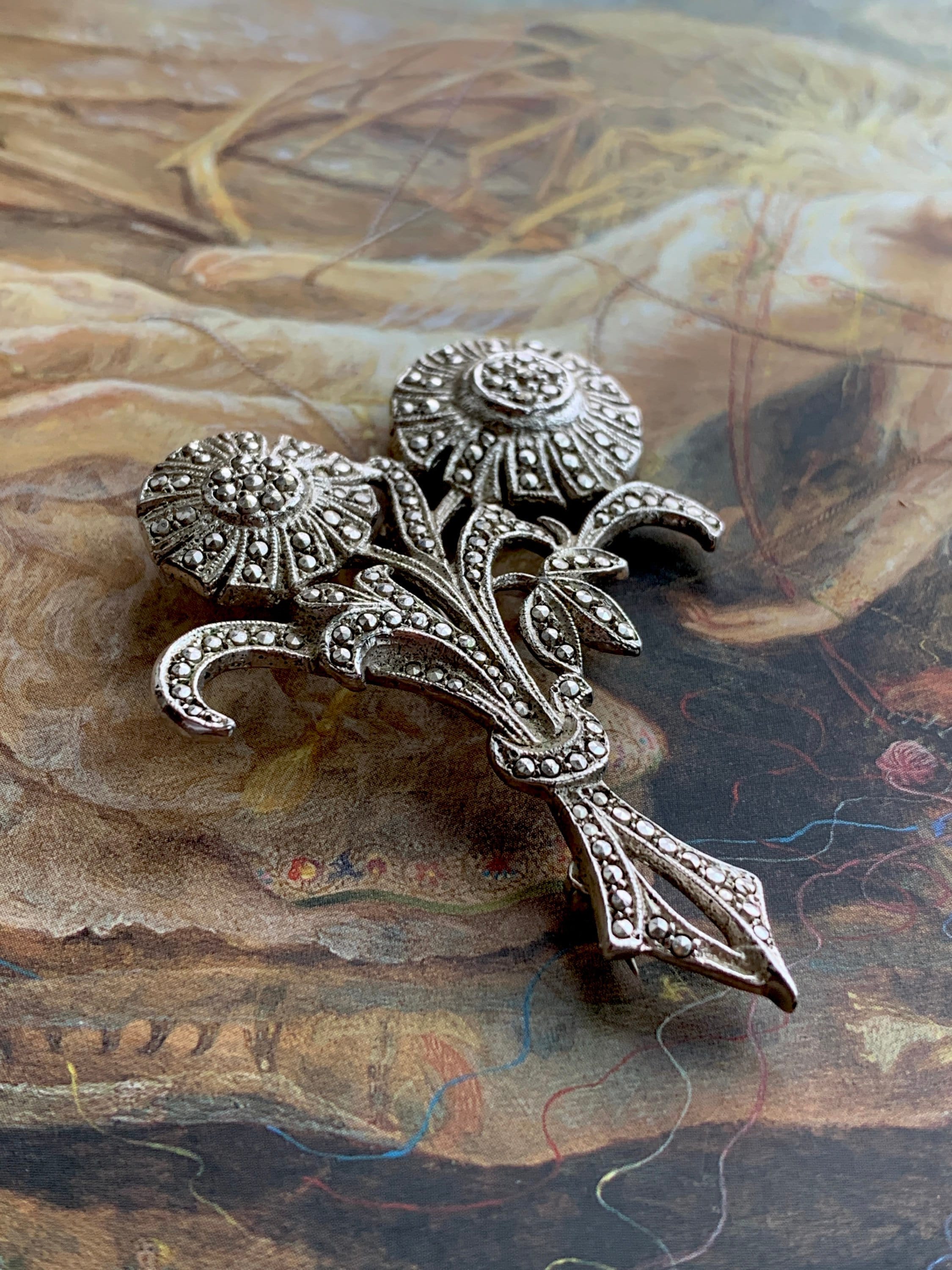 Gorgeous Vintage 1950s Sterling Silver Marcasite POPPY Flower Brooch