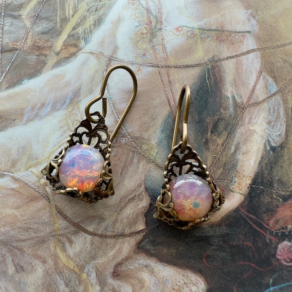 Vintage RARE Art Deco Czech Opalescent Faux Opal Glass Handset Filigree UPCYCLED Earrings - REF 3514