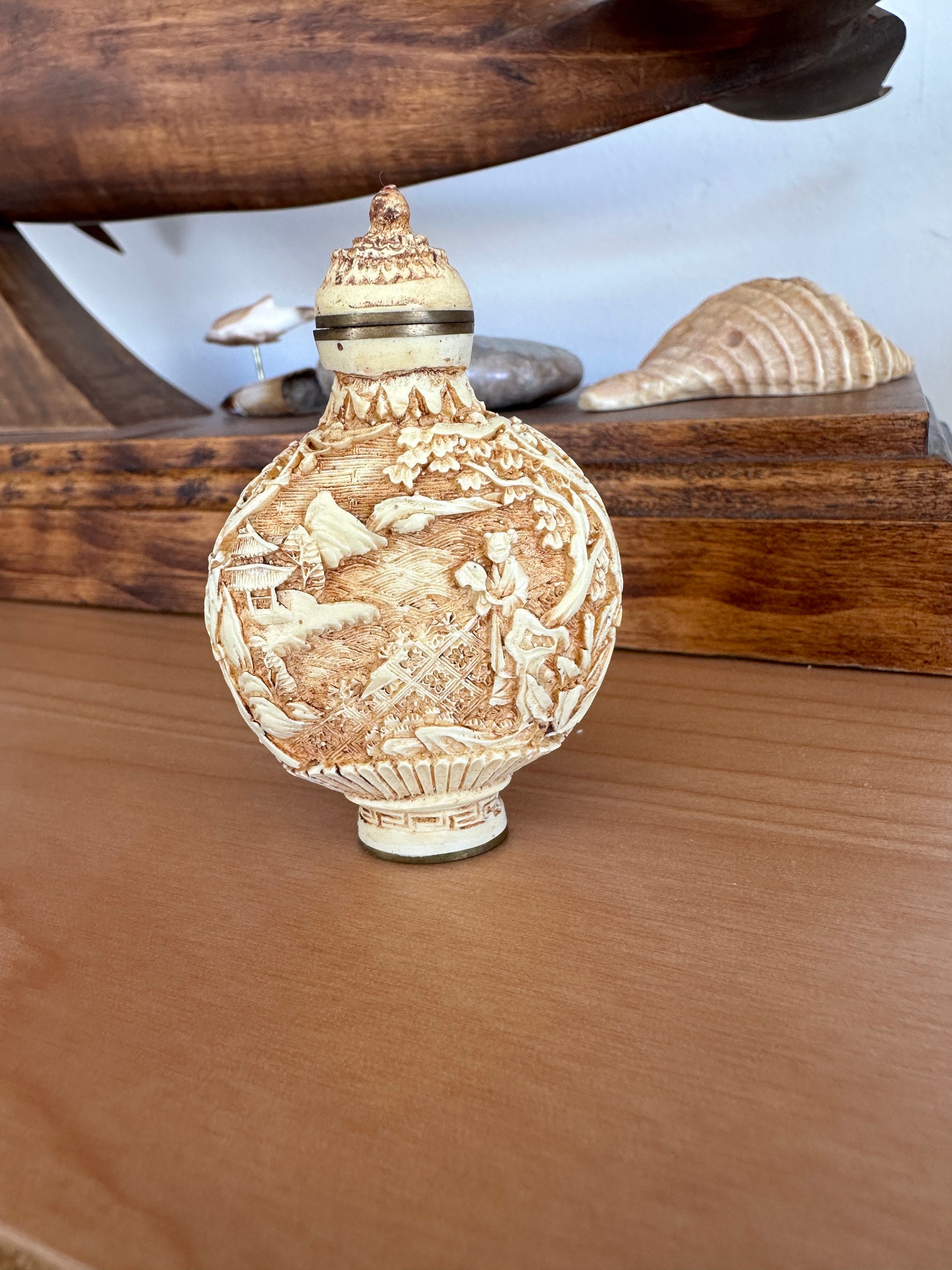 Vintage Snuff Bottle Lacquerware Ivory Resin Qianlong Mark, Carved