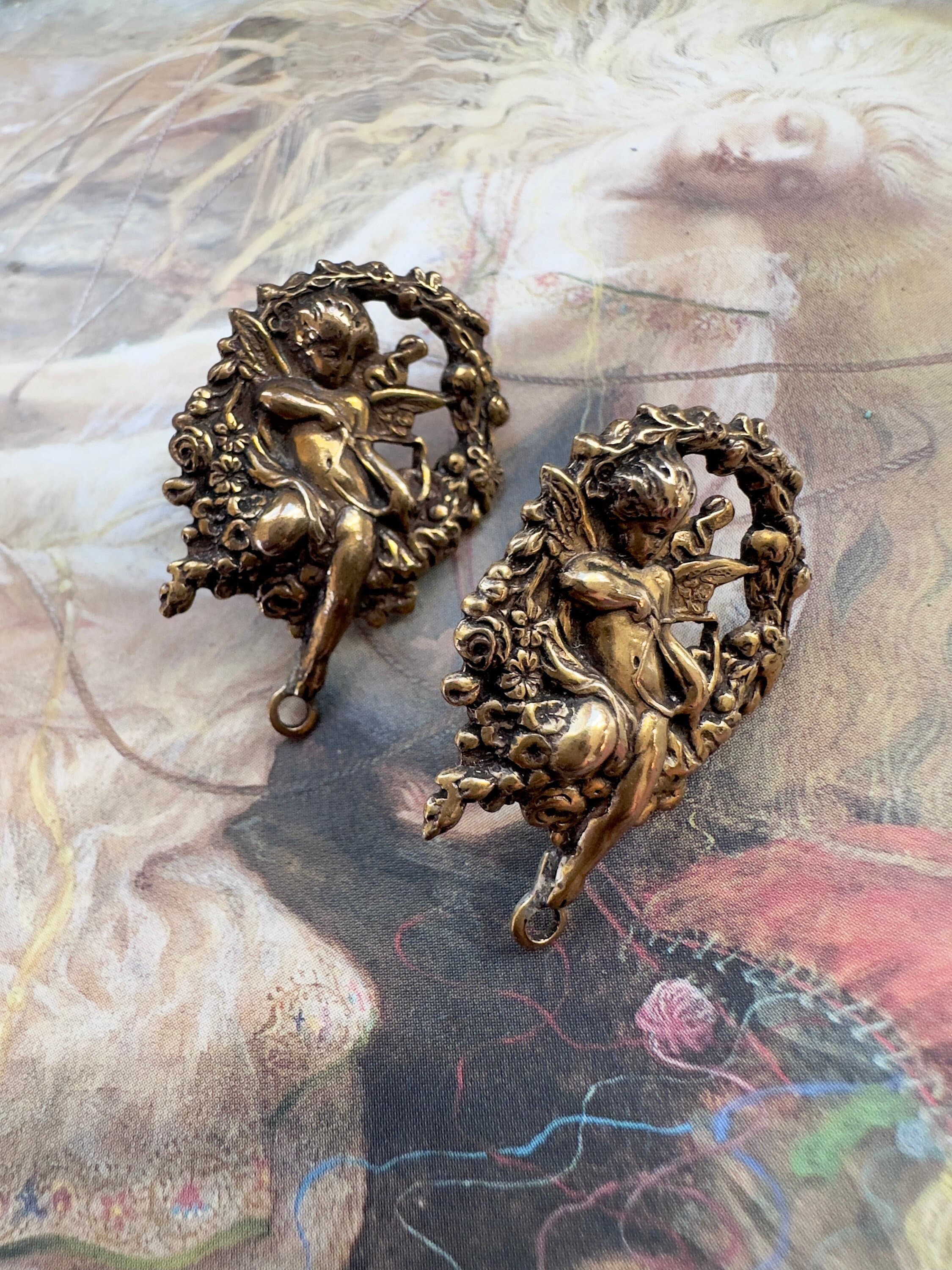 Vintage Cherub Earrings Old Jewelry Stock Solid Brass Cherubs Wreath 1 1/4" - REF 4235E