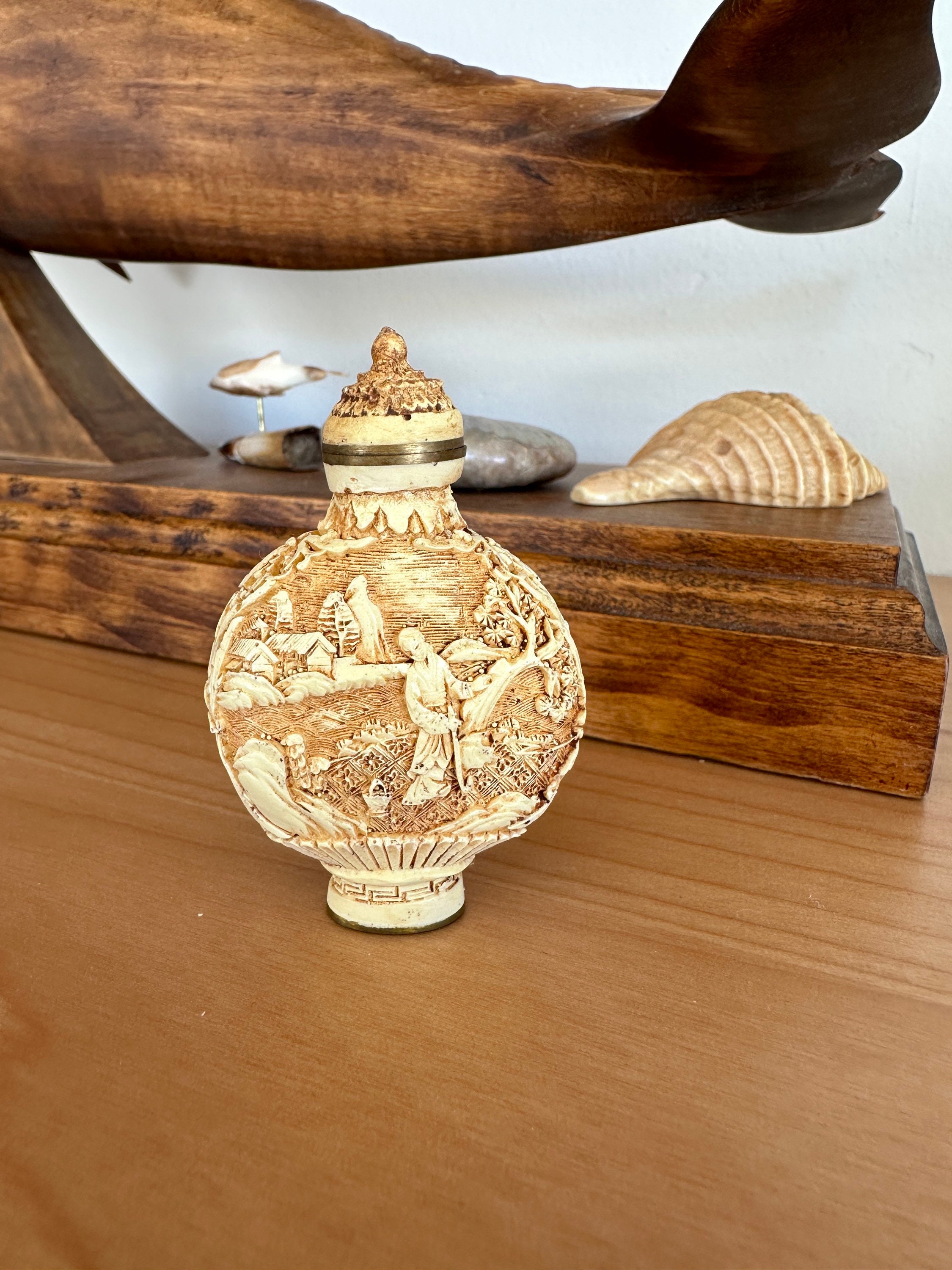 Vintage Snuff Bottle Lacquerware Ivory Resin Qianlong Mark
