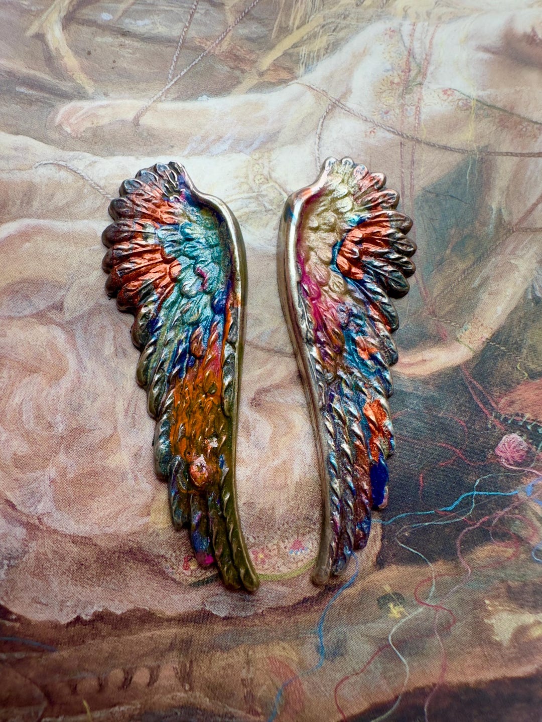Vintage Raku 2 Pc Set Ornate Silver Brass Art Deco Wings Pendants Cold ...