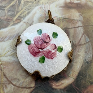 Vintage Enamel & Filigree Pendant White Guilloche Enamel Rose  - REF 3949