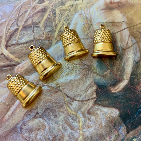 4 Vintage Old Brass Thimble Charms Sewing Pendants Findings Stampings Earrings Bracelets Necklaces - REF 2285