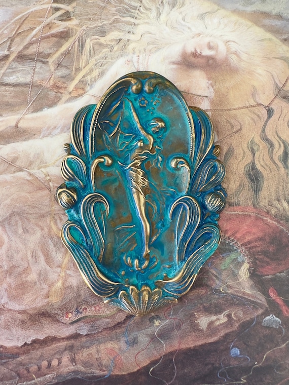 Vintage Solid Brass Hand Enameled Woman Lotus Sprite Goddess Nouveau Floral Pendant Necklace Cold Enamel Stamping - REF 3232