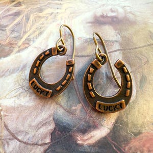 Lucky Horseshoe Earrings, Hand Cast Studio Earrings, Horse Lover Earrings, Equine Earrings 1” Drop  - REF 4995