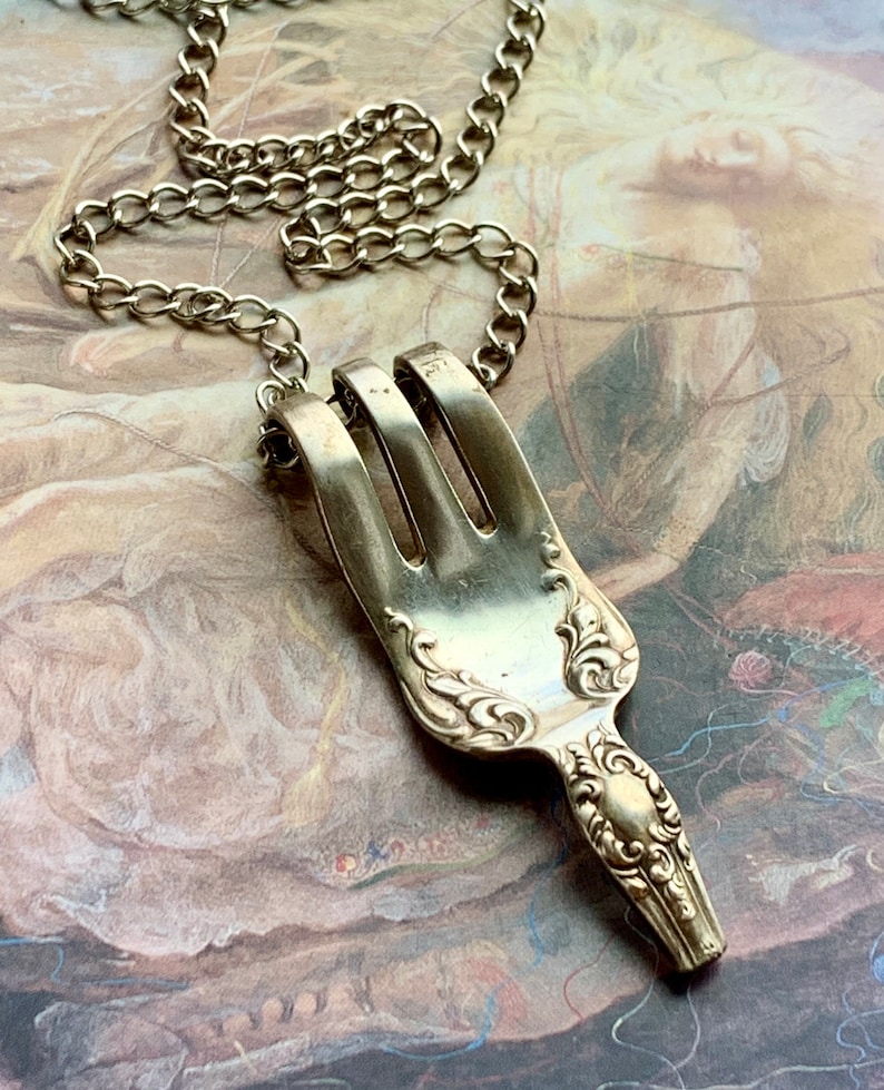 REF 443 Vintage Ornate Twisted FORK SILVERWARE Spoon Jewelry Pendant 20 Necklace