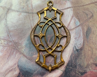 Vintage Art Deco Solid Brass Filigree Connector Earrings Pendant Cold Enamel Drop Piece Finding Stamping Decor  1 1/4” - REF 5319