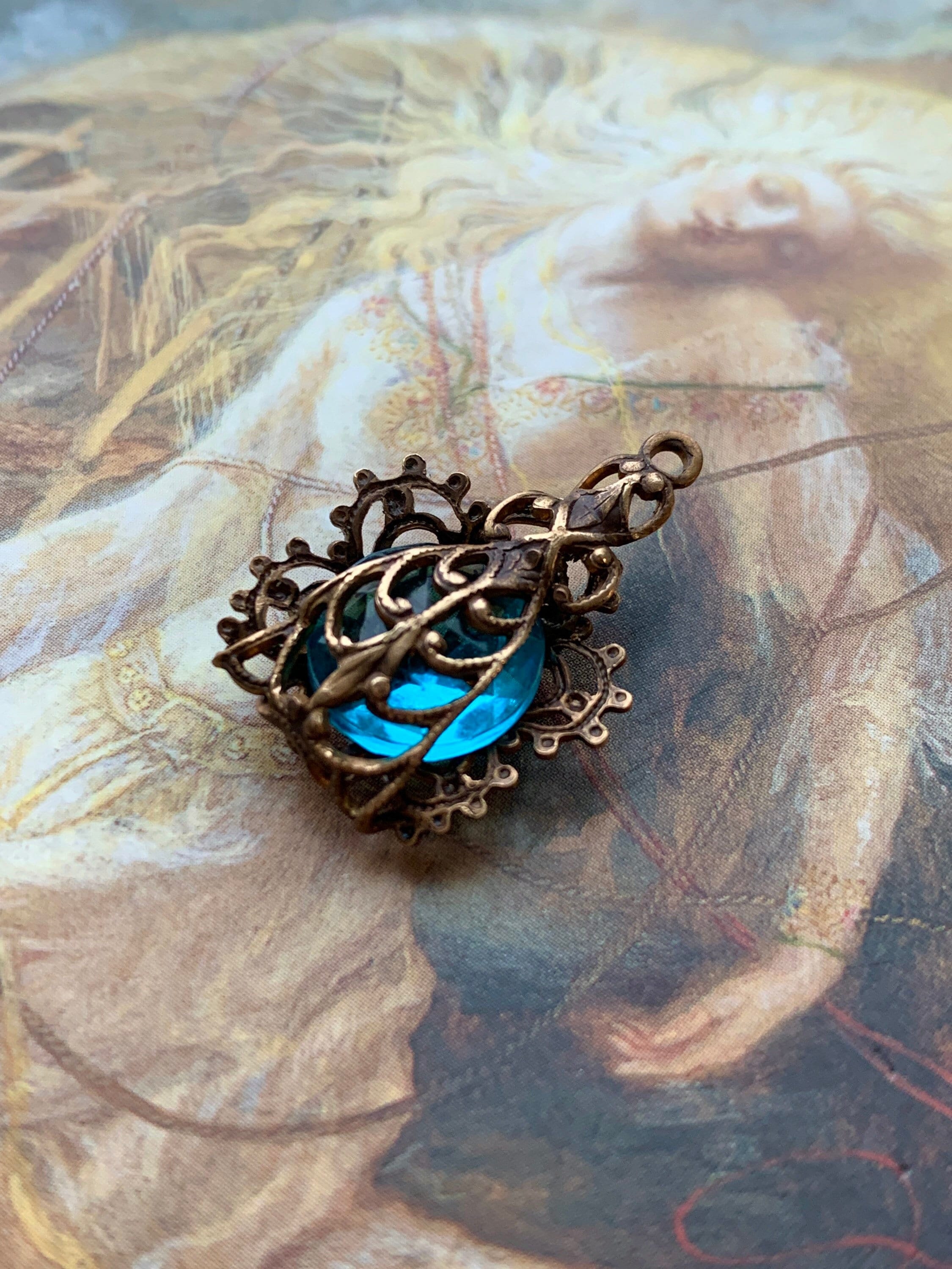 Pendentif Art Déco Argent Massif Filigrané - Saphir Et Opale Véritable - Neuf Sans Emballage