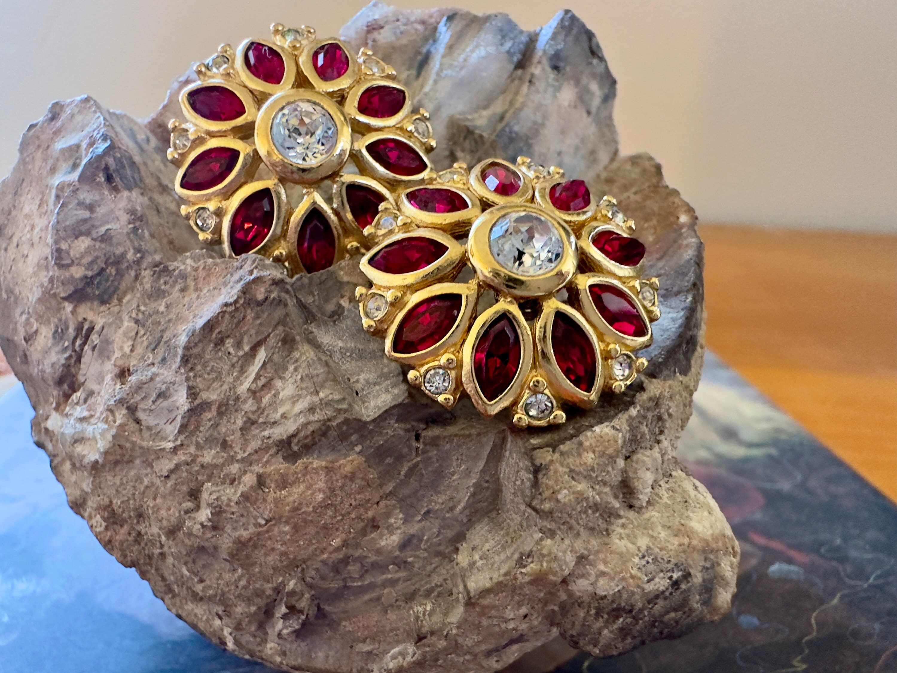 Vintage 80s Christian DIOR Gold Gilt Ruby Crystal Earrings, Dior Designer Statement Earrings, Dior Pave Earrings- REF 3700