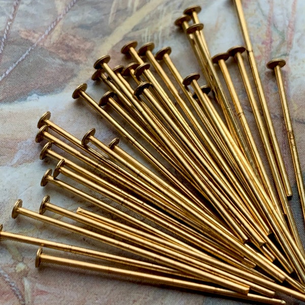 30 Vintage Old SOLID Brass 1 Inch Head Pins Findings ORIGINAL Stampings - REF 459