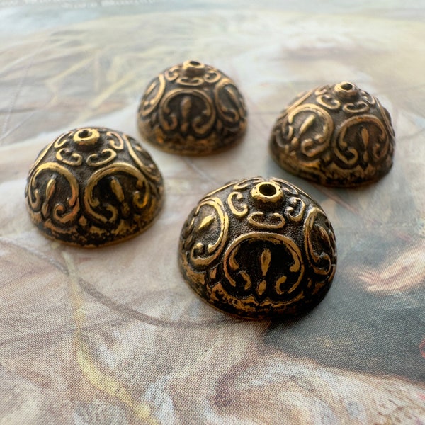 4 Vintage LUCITE Bronze Brass Ornate Bead Caps, Old Warehouse Jewelers Stock, Design Earrings, Necklaces Bracelets - REF 3412