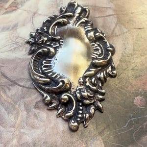 Vintage Silver Solid Brass Hand Enameled Floral Scrolled Victorian Pendant Decor Finding Stamping 2 1/4” - REF 4911