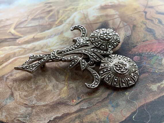 Gorgeous Vintage 1950s Sterling Silver Marcasite POPPY Flower Brooch