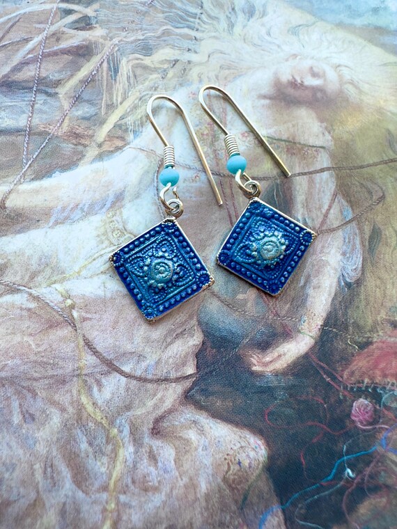 Vintage Art Deco Silver Earrings, Enamel Ornate Drop Earrings