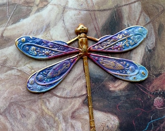 Vintage Solid Brass Hand Enameled Dragonfly Pendant Necklace Cold Enamel Stamping - REF 3891