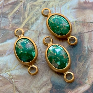 3 Vintage RARE Czechoslovakia Jade Green Mottled Art Glass Channel Set Stones 28mm 2 hole Connectors - REF 419